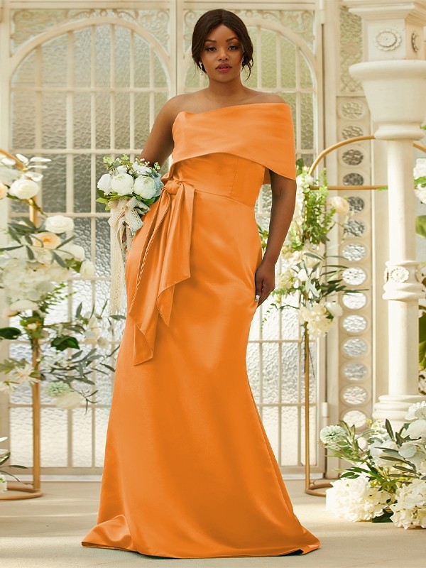 Sheath/Column Satin Ruched One-Shoulder Sleeveless Sweep/Brush Train Bridesmaid Dresses 3022