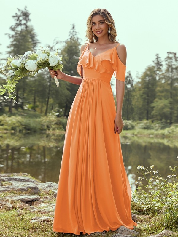 A-Line/Princess Chiffon Ruffles V-neck Sleeveless Floor-Length Bridesmaid Dresses 2233