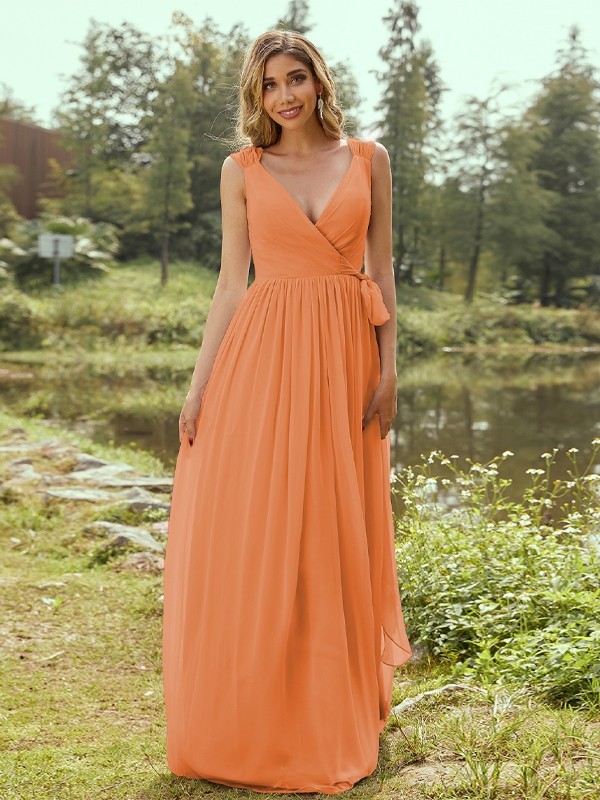 A-Line/Princess Chiffon Ruffles V-neck Sleeveless Floor-Length Bridesmaid Dresses 2235