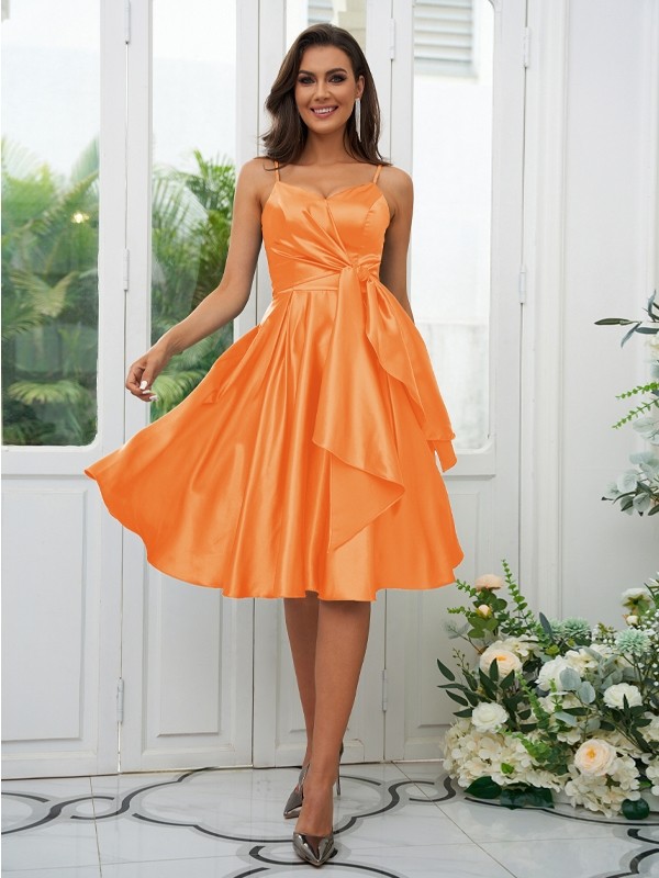 A-Line/Princess Elastic Woven Satin Ruffles Spaghetti Straps Sleeveless Knee-Length Bridesmaid Dresses 2259