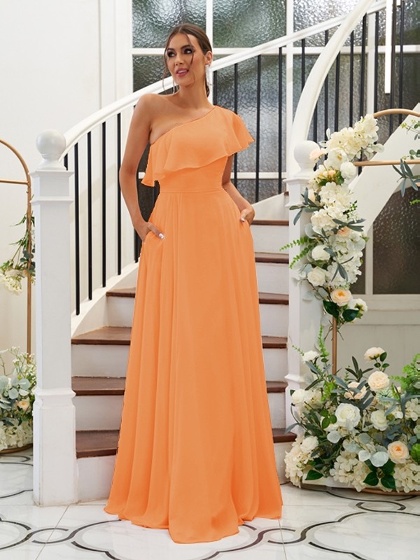 A-Line/Princess Chiffon Ruffles One-Shoulder Sleeveless Floor-Length Bridesmaid Dresses 2205