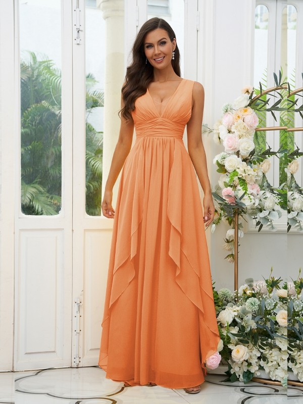 A-Line/Princess Chiffon Ruffles V-neck Sleeveless Floor-Length Bridesmaid Dresses 2240