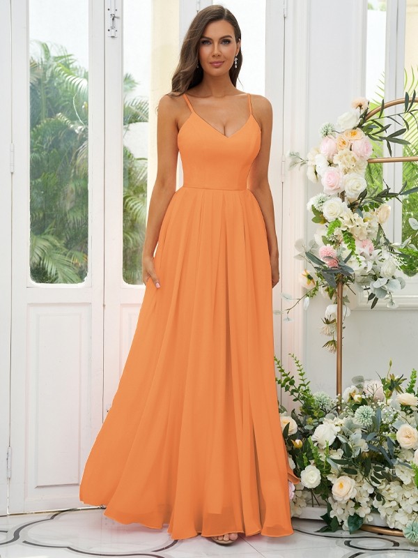 A-Line/Princess Chiffon Ruffles V-neck Sleeveless Floor-Length Bridesmaid Dresses 2241