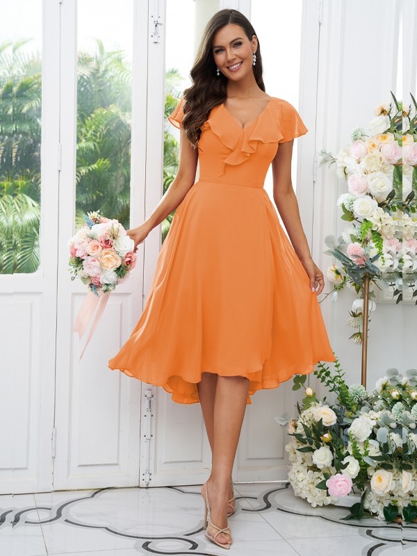 A-Line/Princess Chiffon Ruffles V-neck Short Sleeves Asymmetrical Bridesmaid Dresses 2221