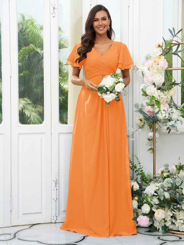 A-Line/Princess Chiffon Ruffles V-neck Short Sleeves Floor-Length Bridesmaid Dresses 2225