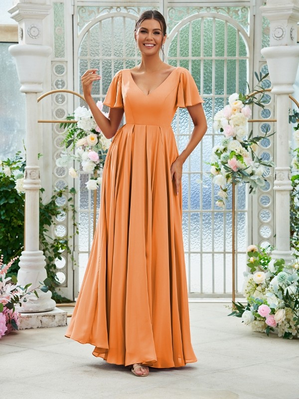 A-Line/Princess Chiffon Ruffles V-neck Short Sleeves Floor-Length Bridesmaid Dresses 2226