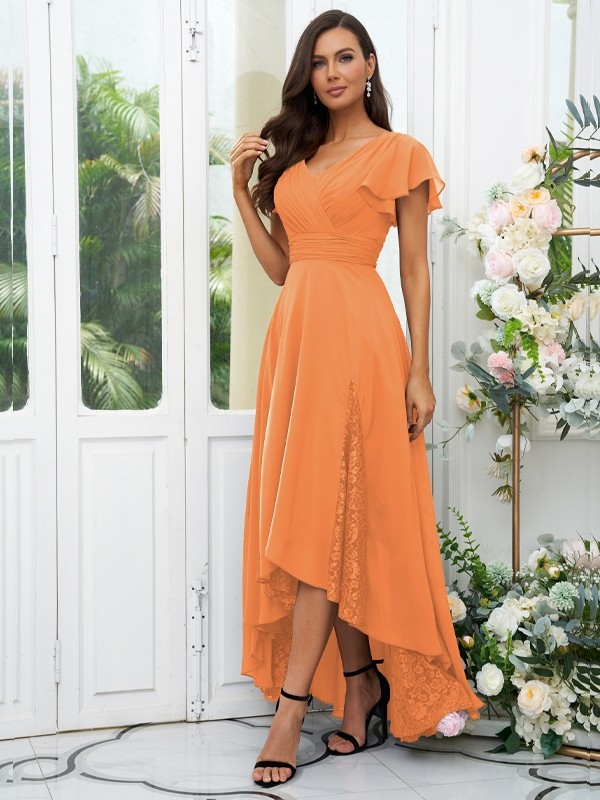 A-Line/Princess Chiffon Lace V-neck Short Sleeves Asymmetrical Bridesmaid Dresses 2151