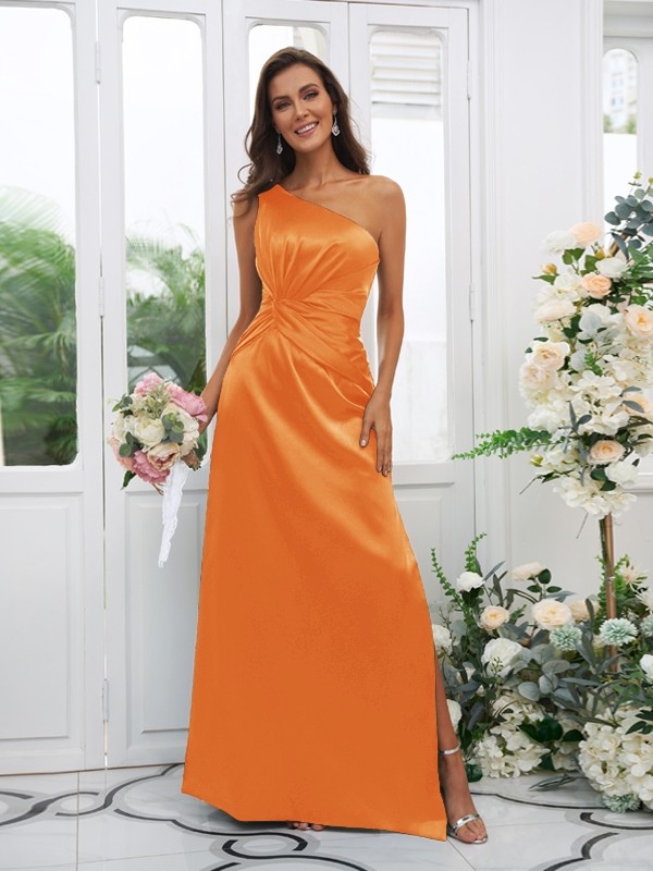 Sheath/Column Elastic Woven Satin Ruched One-Shoulder Sleeveless Floor-Length Bridesmaid Dresses 2922