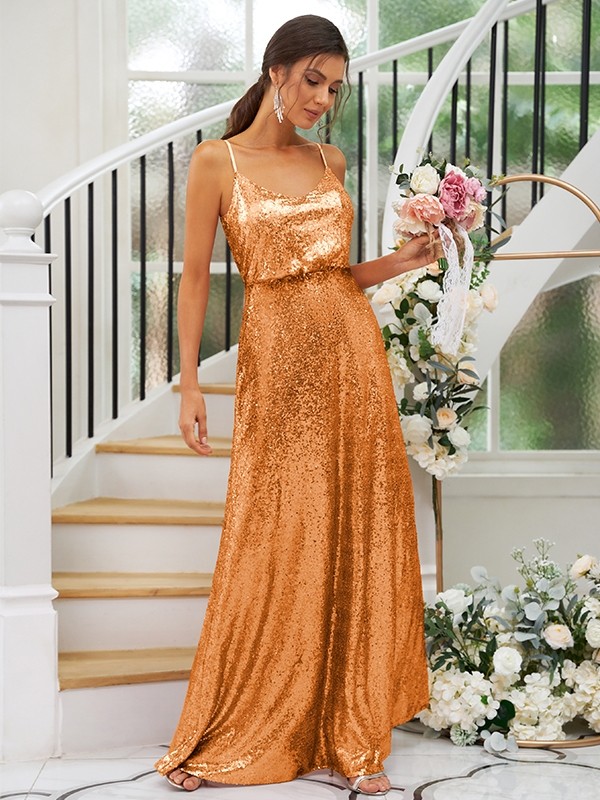 A-Line/Princess Sequins Ruched Straps Sleeveless Floor-Length Bridesmaid Dresses 2466