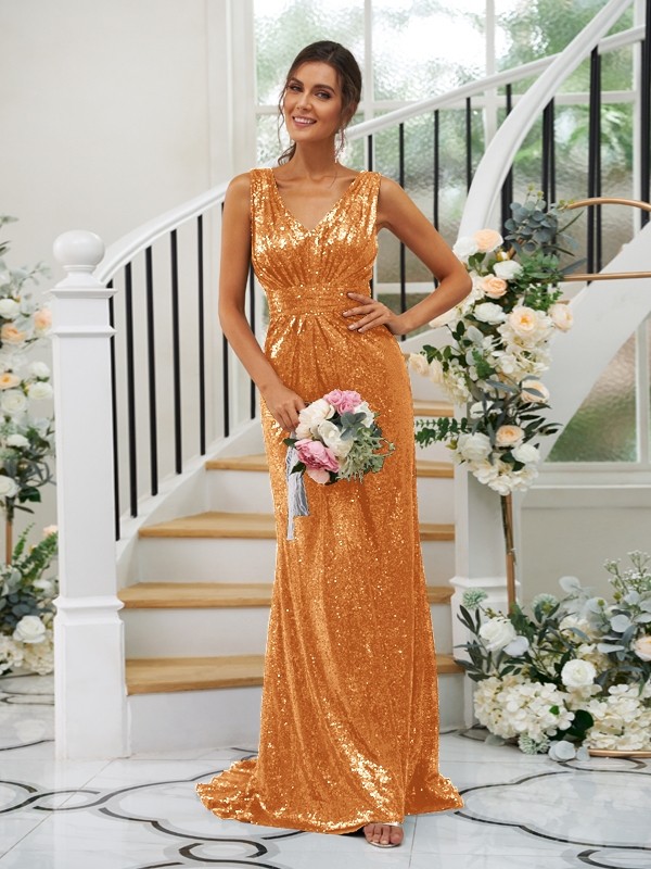 Sheath/Column Sequins Ruched V-neck Sleeveless Sweep/Brush Train Bridesmaid Dresses 3048