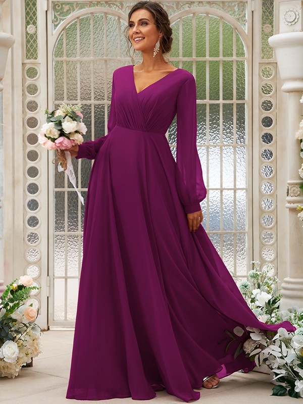 A-Line/Princess Chiffon Ruched V-neck Long Sleeves Floor-Length Bridesmaid Dresses 2169