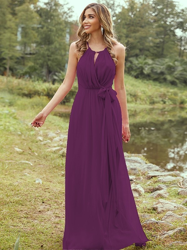 A-Line/Princess Chiffon Ruffles Halter Sleeveless Sweep/Brush Train Bridesmaid Dresses 2196