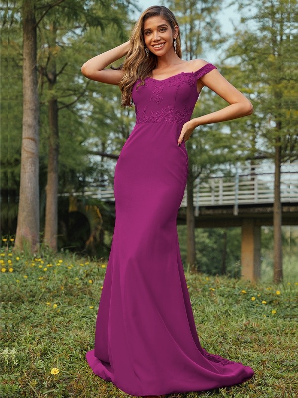 Sheath/Column Jersey Applique Off-the-Shoulder Sleeveless Sweep/Brush Train Bridesmaid Dresses 2954