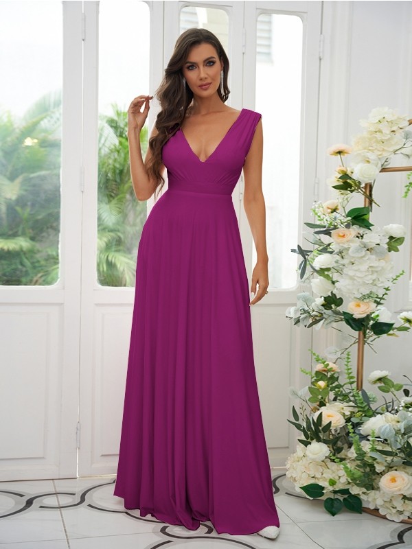 A-Line/Princess Jersey Ruffles V-neck Sleeveless Floor-Length Bridesmaid Dresses 2330