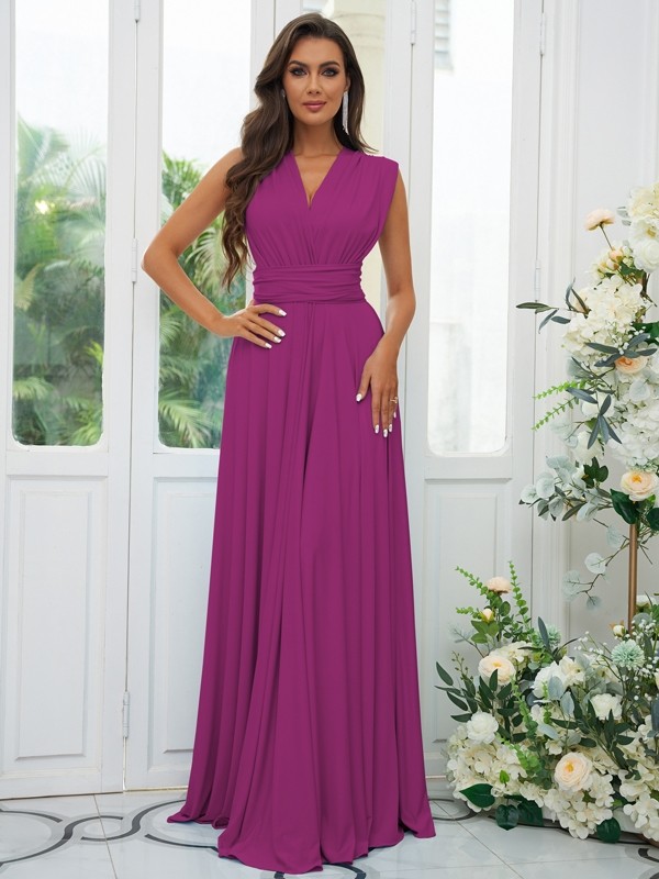 A-Line/Princess Jersey Ruffles V-neck Sleeveless Floor-Length Convertible Bridesmaid Dresses 2331