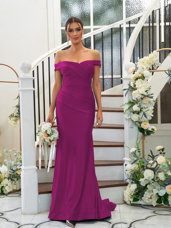 Sheath/Column Jersey Ruched Off-the-Shoulder Sleeveless Sweep/Brush Train Bridesmaid Dresses 2959