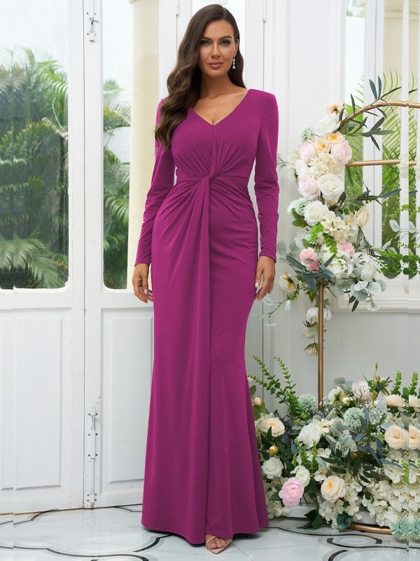 Sheath/Column Jersey Ruched V-neck Long Sleeves Floor-Length Bridesmaid Dresses 2966