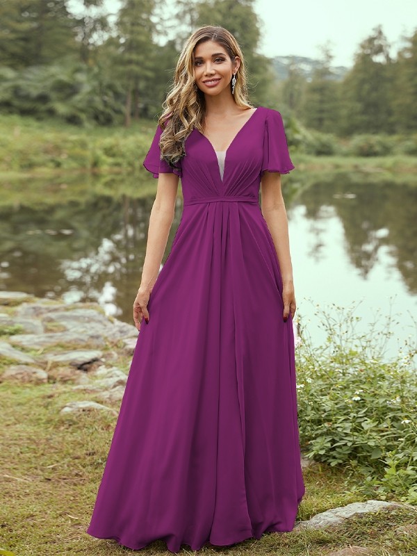 A-Line/Princess Chiffon Ruffles V-neck Short Sleeves Floor-Length Bridesmaid Dresses 2223