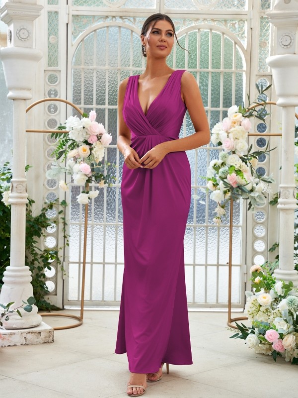 Sheath/Column Jersey Ruched V-neck Sleeveless Floor-Length Bridesmaid Dresses 2967