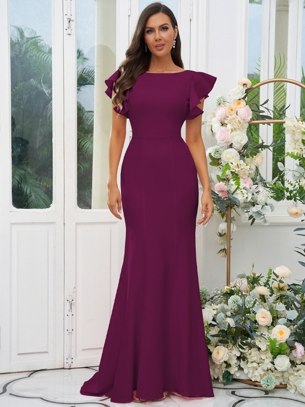 Sheath/Column Stretch Crepe Ruffles Scoop Short Sleeves Sweep/Brush Train Bridesmaid Dresses 3193