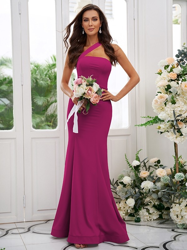 Sheath/Column Stretch Crepe Ruffles One-Shoulder Sleeveless Floor-Length Bridesmaid Dresses 3189