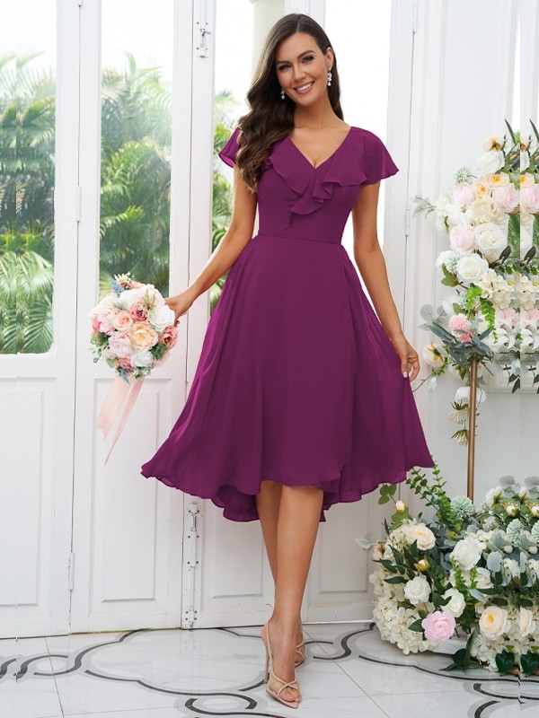 A-Line/Princess Chiffon Ruffles V-neck Short Sleeves Asymmetrical Bridesmaid Dresses 2221