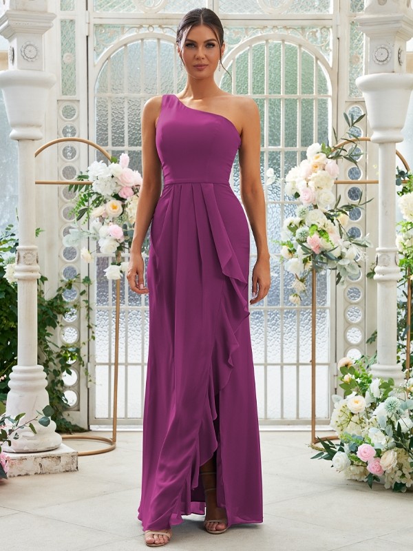 Sheath/Column Chiffon Ruffles One-Shoulder Sleeveless Floor-Length Bridesmaid Dresses 2914