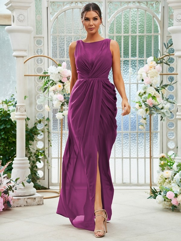 Sheath/Column Chiffon Ruched Scoop Sleeveless Floor-Length Bridesmaid Dresses 2904