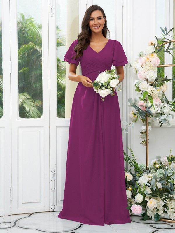 A-Line/Princess Chiffon Ruffles V-neck Short Sleeves Floor-Length Bridesmaid Dresses 2225