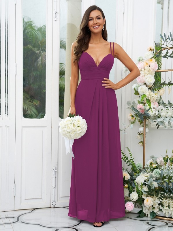 A-Line/Princess Chiffon Ruched V-neck Sleeveless Floor-Length Bridesmaid Dresses 2178