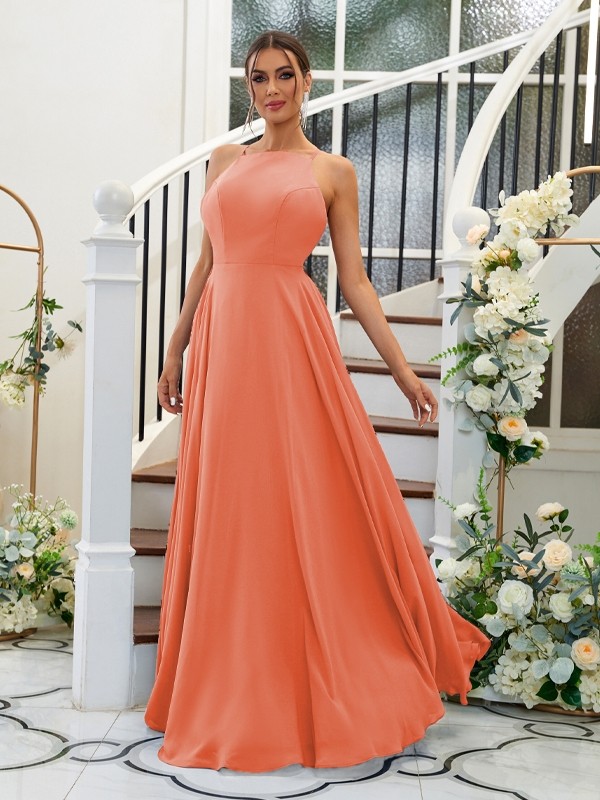 A-Line/Princess Chiffon Ruffles Halter Sleeveless Floor-Length Bridesmaid Dresses 2195