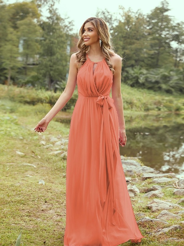 A-Line/Princess Chiffon Ruffles Halter Sleeveless Sweep/Brush Train Bridesmaid Dresses 2196