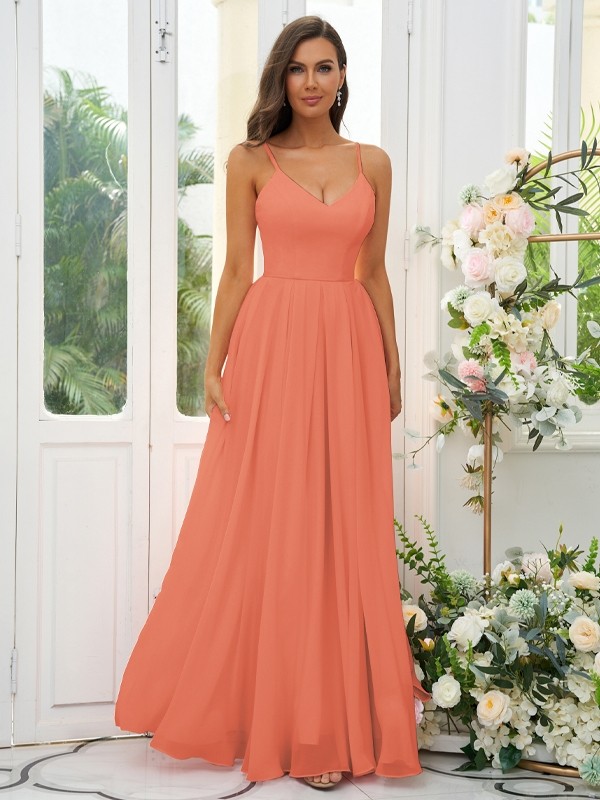 A-Line/Princess Chiffon Ruffles V-neck Sleeveless Floor-Length Bridesmaid Dresses 2241