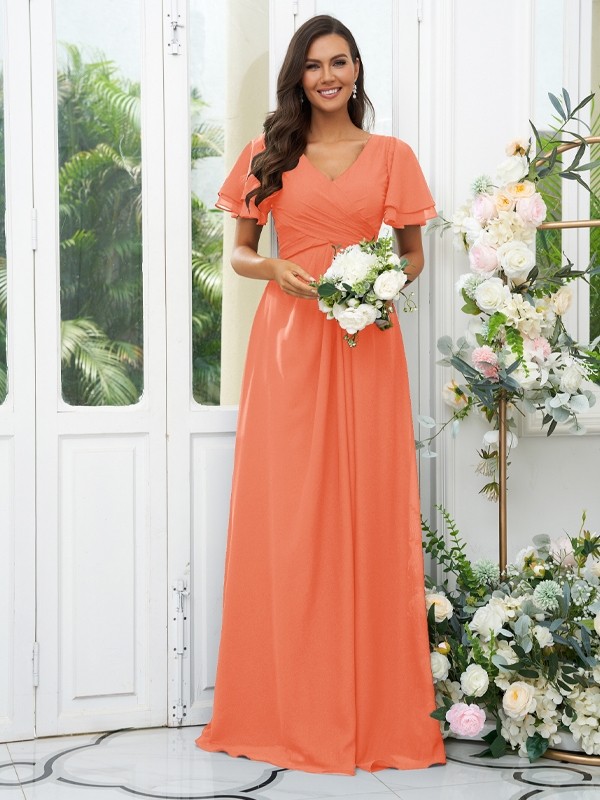 A-Line/Princess Chiffon Ruffles V-neck Short Sleeves Floor-Length Bridesmaid Dresses 2225