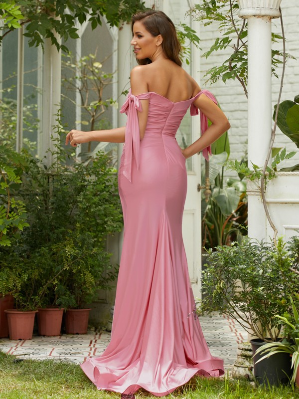 Sheath/Column Jersey Ruched Off-the-Shoulder Sleeveless Sweep/Brush Train Bridesmaid Dresses 2960