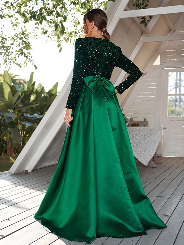 A-Line/Princess Velvet Sequins Bowknot V-neck Long Sleeves Sweep/Brush Train Dresses 2864