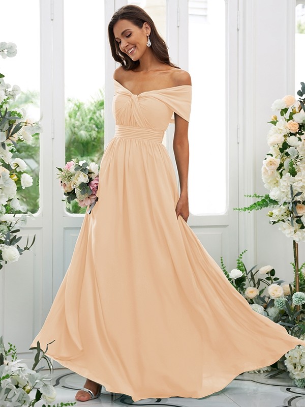 A-Line/Princess Chiffon Ruched Off-the-Shoulder Sleeveless Floor-Length Bridesmaid Dresses 2156