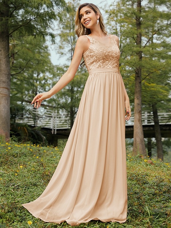 A-Line/Princess Chiffon Lace V-neck Sleeveless Floor-Length Bridesmaid Dresses 2152