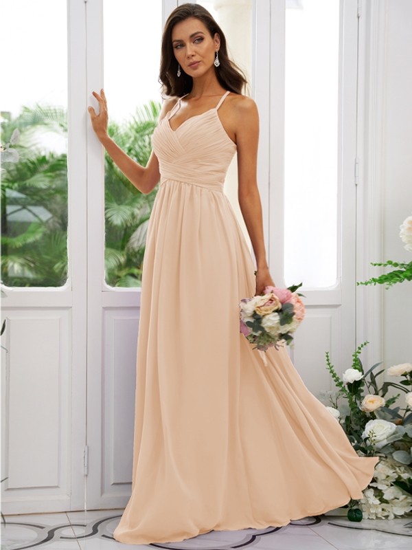 A-Line/Princess Chiffon Ruched V-neck Sleeveless Floor-Length Bridesmaid Dresses 2177