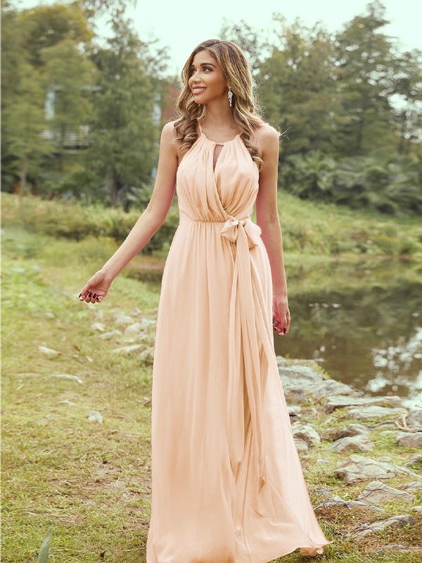 A-Line/Princess Chiffon Ruffles Halter Sleeveless Sweep/Brush Train Bridesmaid Dresses 2196