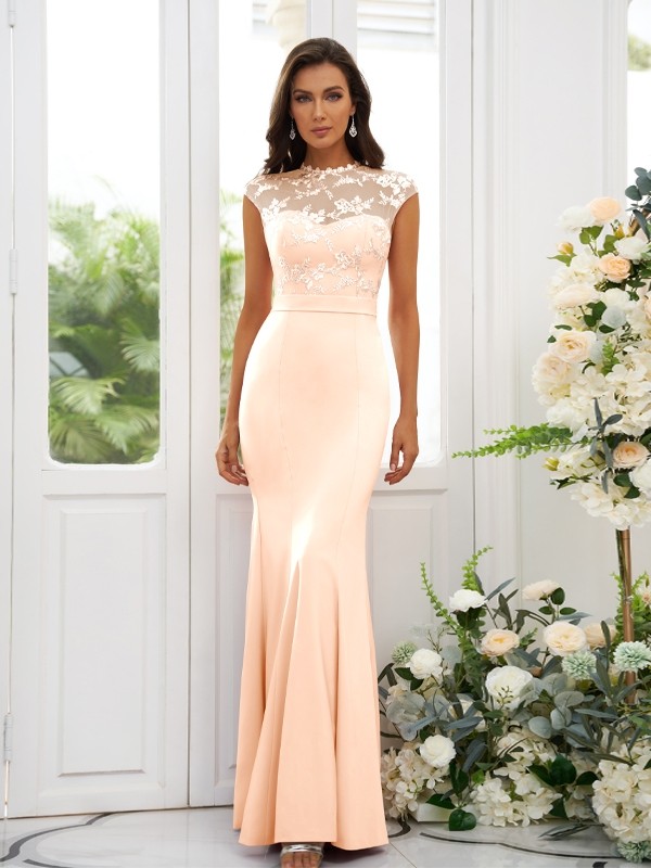 Trumpet/Mermaid Stretch Crepe Applique High Neck Sleeveless Floor-Length Bridesmaid Dresses 3243