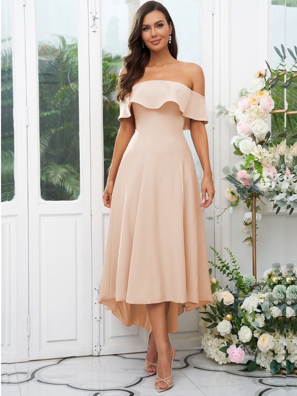 A-Line/Princess Stretch Crepe Ruffles Off-the-Shoulder Sleeveless Asymmetrical Bridesmaid Dresses 2662