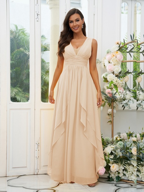 A-Line/Princess Chiffon Ruffles V-neck Sleeveless Floor-Length Bridesmaid Dresses 2240