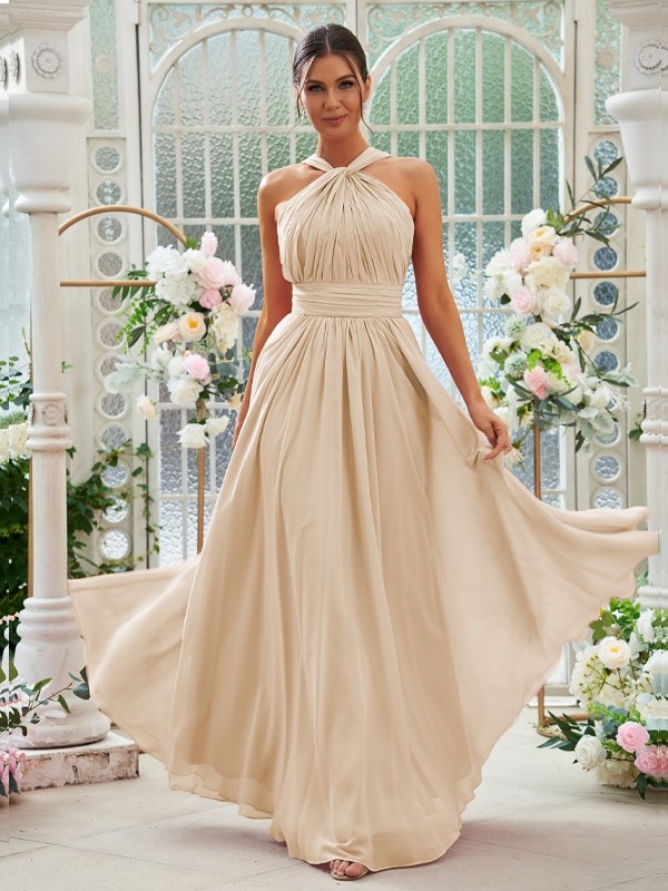 A-Line/Princess Chiffon Ruched Halter Sleeveless Floor-Length Bridesmaid Dresses 2154