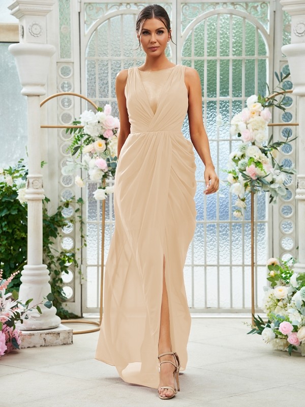 Sheath/Column Chiffon Ruched Scoop Sleeveless Floor-Length Bridesmaid Dresses 2904