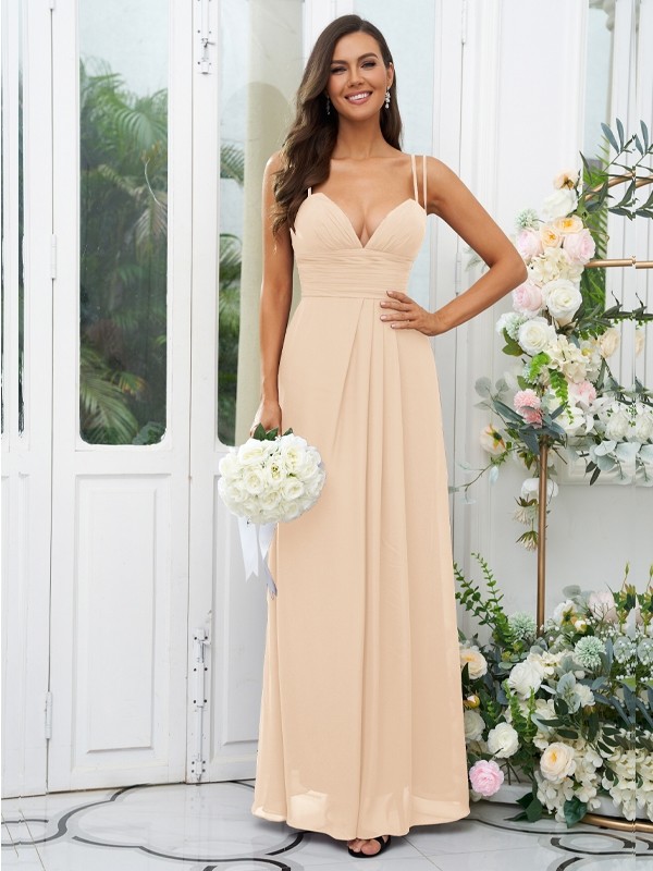 A-Line/Princess Chiffon Ruched V-neck Sleeveless Floor-Length Bridesmaid Dresses 2178