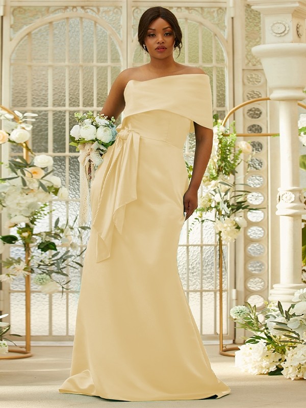 Sheath/Column Satin Ruched One-Shoulder Sleeveless Sweep/Brush Train Bridesmaid Dresses 3022