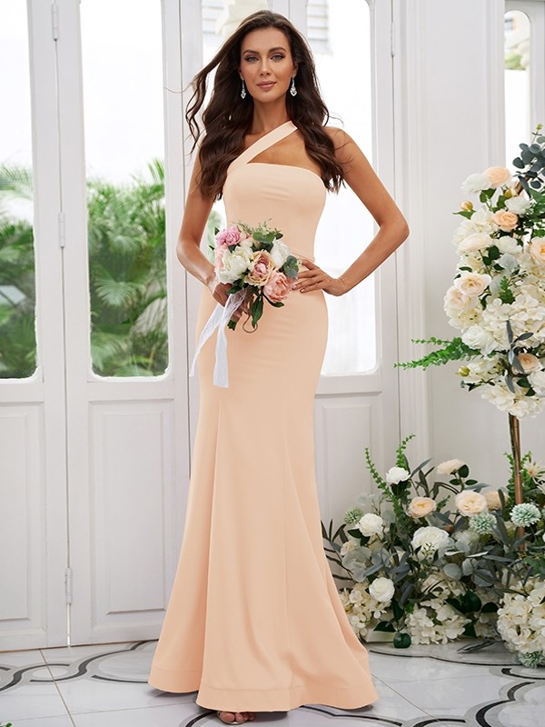 Sheath/Column Stretch Crepe Ruffles One-Shoulder Sleeveless Floor-Length Bridesmaid Dresses 3189