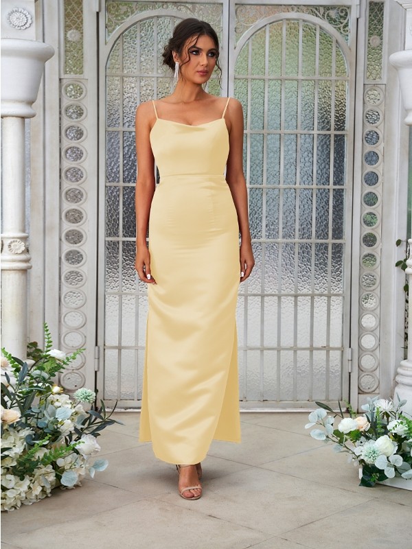 Sheath/Column Satin Ruched Spaghetti Straps Sleeveless Ankle-Length Bridesmaid Dresses 3025