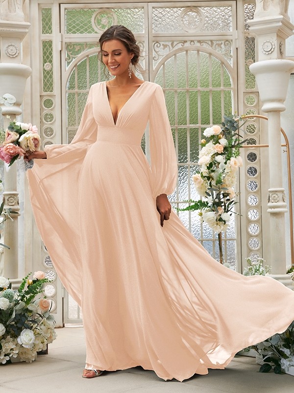 A-Line/Princess Chiffon Ruffles V-neck Long Sleeves Sweep/Brush Train Bridesmaid Dresses 2219